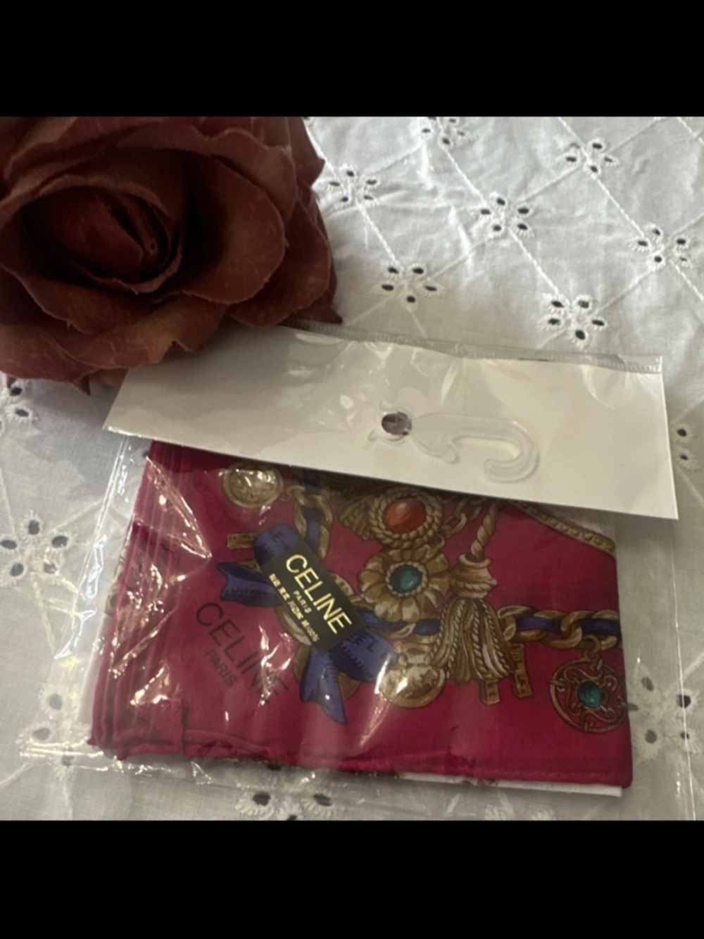 Céline Paris Vintage Handkerchief Scarf Jewel Chain Print Pink 100% Cotton 18X18